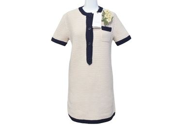 極美品 GUCCI グッチ ショート ウール ミニ ドレス ベージュ ニット 半袖 635069 ワンピース 花 ブローチ サイズXS 中古 58173