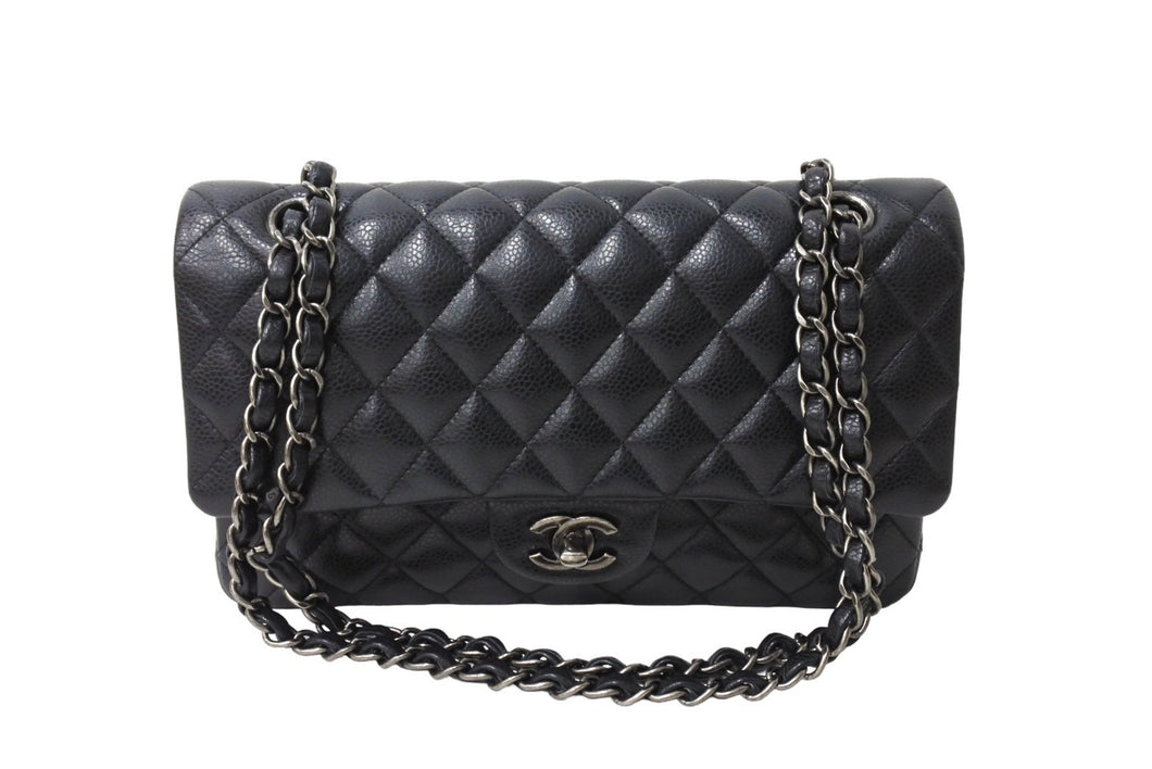 極美品 CHANEL シャネル Wフラップ 25cm ショルダーバッグ キャビアスキン 21番台 ブラック ブラック金具 中古 65850