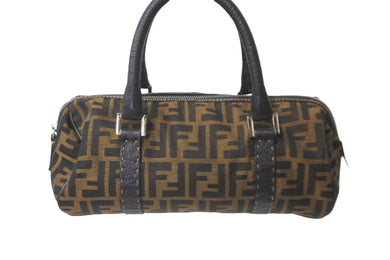 FENDI フェンディ ボストンバッグ ハンドバッグ ズッカ コットンキャンバス レザー ブラウン シルバー金具 美品 中古 58553 