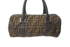 FENDI フェンディ ボストンバッグ ハンドバッグ ズッカ コットンキャンバス レザー ブラウン シルバー金具 美品 中古 58553 