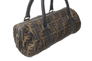 FENDI フェンディ ボストンバッグ ハンドバッグ ズッカ コットンキャンバス レザー ブラウン シルバー金具 美品 中古 58553 