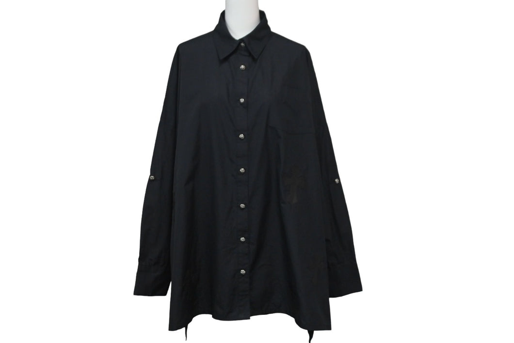 新品未使用 CHROME HEARTS クロムハーツ MAHAL KITA オーバーサイズ 長袖シャツ ブラック シルバー925 クロスパッチ S 中古 58822