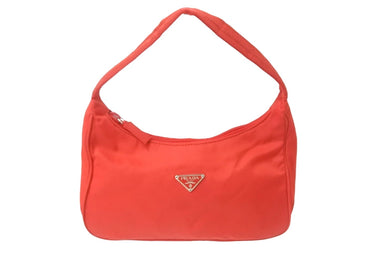 極美品 PRADA プラダ ミニハンドバッグ MV515 ホーボー 三角ロゴプレート ナイロン レッド シルバー金具 イタリア製 中古 58834 