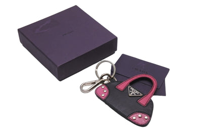 PRADA プラダ キーホルダー チャーム バッグモチーフ 小物 ブラック ピンク レザー ギャランティカード 箱付き 美品 中古 58914