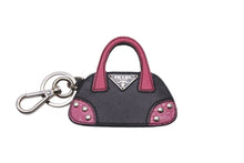 Load image into Gallery viewer, PRADA プラダ キーホルダー チャーム バッグモチーフ 小物 ブラック ピンク レザー ギャランティカード 箱付き 美品 中古 58914
