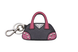 PRADA プラダ キーホルダー チャーム バッグモチーフ 小物 ブラック ピンク レザー ギャランティカード 箱付き 美品 中古 58914