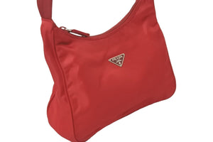PRADA プラダ ハンドバッグ ワンショルダー ホーボー MV515 三角ロゴ レッド シルバー金具 美品 中古 58930 