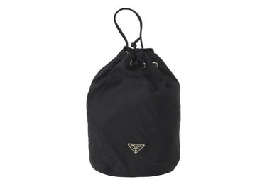 PRADA プラダ 巾着バッグ 巾着ポーチ ナイロンバッグ 注目入れ 三角ロゴプレート シルバー金具 MV369 ブラック 美品 中古 58937 