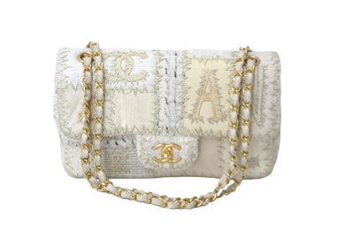 CHANEL シャネル ショルダーバッグ Wチェーン ショルダーバッグ パッチワーク ココマーク ホワイト ゴールド金具 美品 中古 58974
