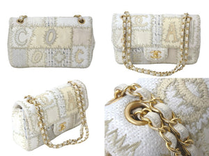 CHANEL シャネル ショルダーバッグ Wチェーン ショルダーバッグ パッチワーク ココマーク ホワイト ゴールド金具 美品 中古 58974