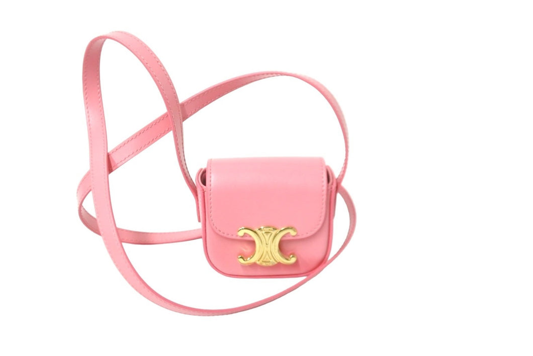 極美品 CELINE セリーヌ ショルダーバッグ ミニ クロード ピンク シャイニーカーフスキン 10I513DPV ゴールド金具 中古 4c058451