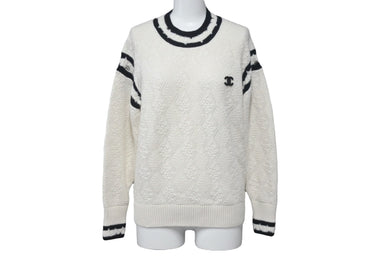 極美品 CHANEL シャネル ニット セーター ダメージ加工 カシミヤ 22ss ココマーク ホワイト ブラック P72090K 10339 サイズ34 中古 58982