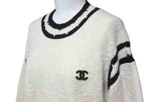 極美品 CHANEL シャネル ニット セーター ダメージ加工 カシミヤ 22ss ココマーク ホワイト ブラック P72090K 10339 サイズ34 中古 58982