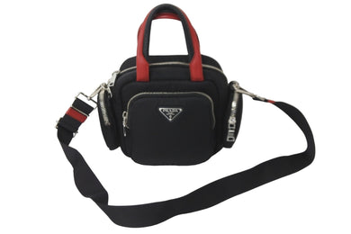 極美品 PRADA プラダ 2WAY ハンドバッグ 1BB061 三角ロゴプレート ナイロン レザー ブラック レッド シルバー金具 中古 59123 