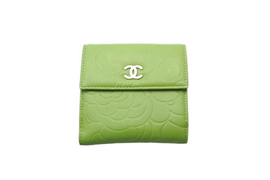 CHANEL シャネル 二つ折り財布 カメリア ココマーク 16番台 2012年 ラムスキン アップルグリーン ゴールド金具 美品 中古 59210