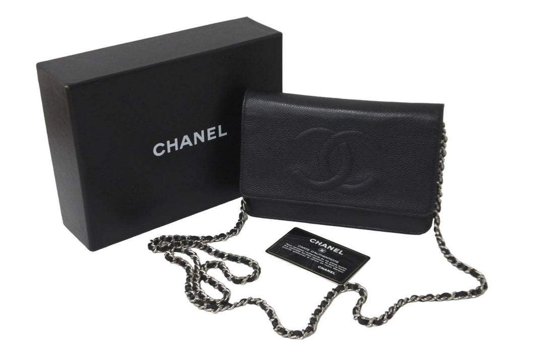 極美品 CHANEL シャネル チェーン ウォレット ショルダーバッグ 17番台 キャビアスキン ブラック シルバー金具 中古 59305