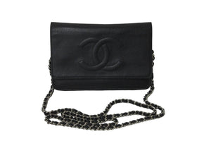 極美品 CHANEL シャネル チェーン ウォレット ショルダーバッグ 17番台 キャビアスキン ブラック シルバー金具 中古 59305