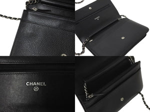 極美品 CHANEL シャネル チェーン ウォレット ショルダーバッグ 17番台 キャビアスキン ブラック シルバー金具 中古 59305