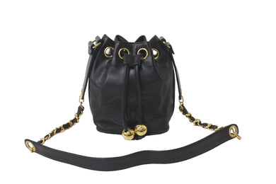 CHANEL シャネル 巾着 チェーン ショルダーバッグ ブラック ココマーク 2番台 ココボール レザー ゴールド金具 中古 59316