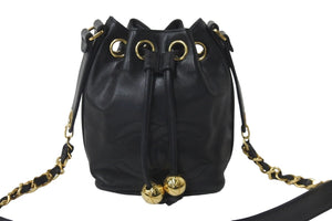 CHANEL シャネル 巾着 チェーン ショルダーバッグ ブラック ココマーク 2番台 ココボール レザー ゴールド金具 中古 59316