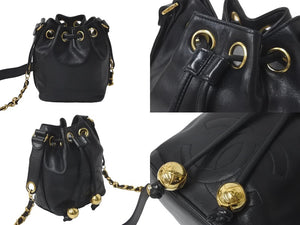 CHANEL シャネル 巾着 チェーン ショルダーバッグ ブラック ココマーク 2番台 ココボール レザー ゴールド金具 中古 59316