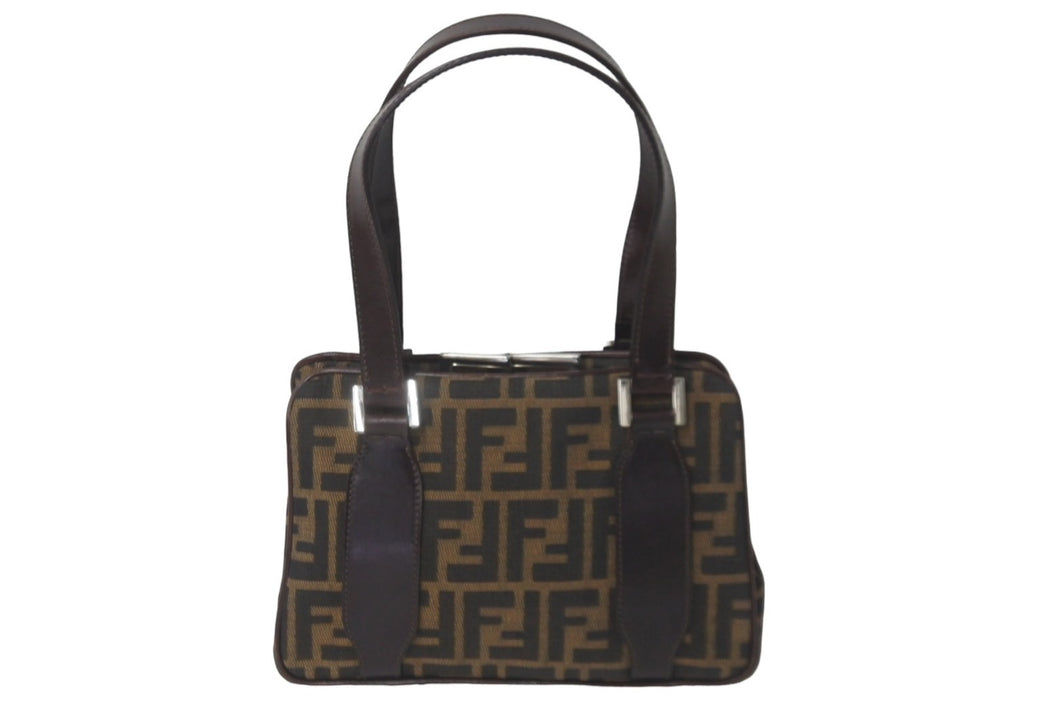 FENDI フェンディ ハンドバッグ スクエアバッグ ズ柄ッカがま口キャンバス ブラウン シルバー金具 レディース 美品 中古 59322 