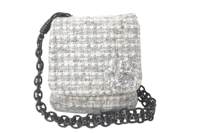 CHANEL シャネル チェーンショルダーバッグ フラップ カメリア 10番台 ツイード グレー ブラック シルバー金具 美品 中古 59470