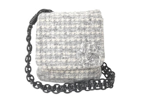 CHANEL シャネル チェーンショルダーバッグ フラップ カメリア 10番台 ツイード グレー ブラック シルバー金具 美品 中古 59470