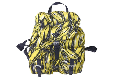 極美品 PRADA プラダ リュック デイパック ヴェラ バナナ柄 イエロー ナイロン レザー 1BZ811 中古 59560 