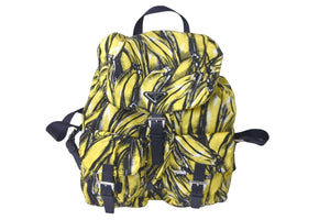極美品 PRADA プラダ リュック デイパック ヴェラ バナナ柄 イエロー ナイロン レザー 1BZ811 中古 59560 