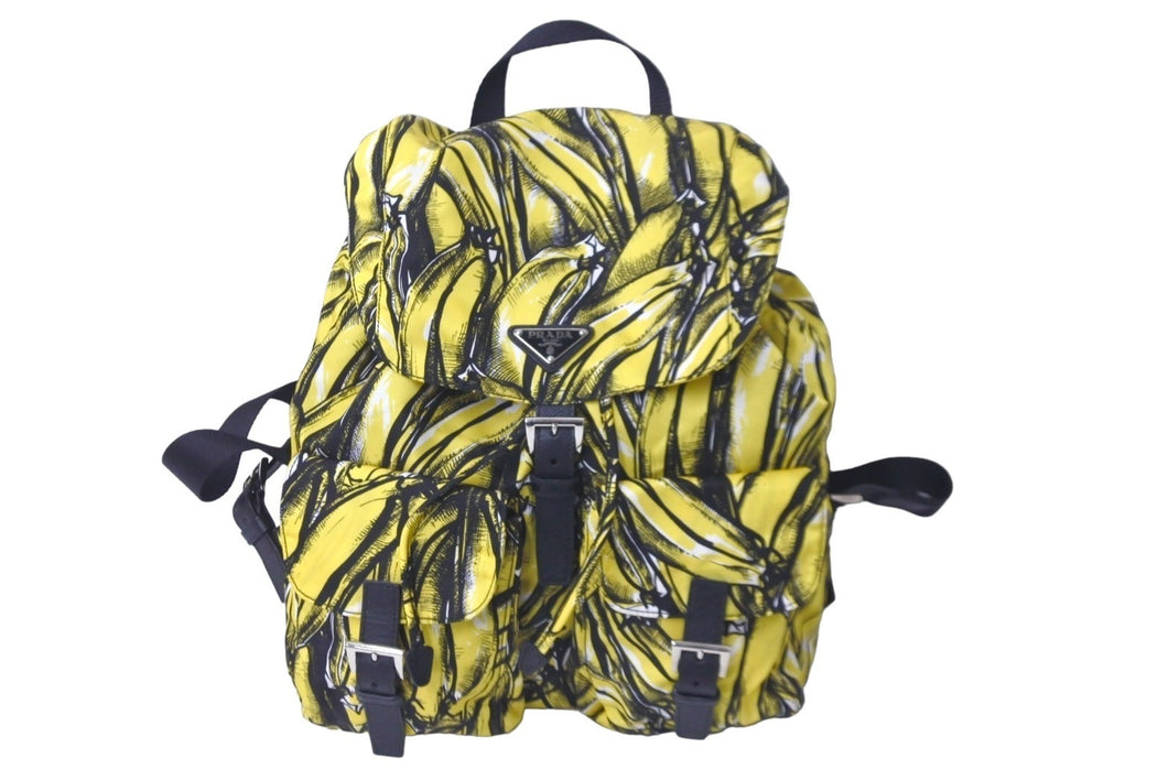 極美品 PRADA プラダ リュック デイパック ヴェラ バナナ柄 イエロー ナイロン レザー 1BZ811 中古 59560 