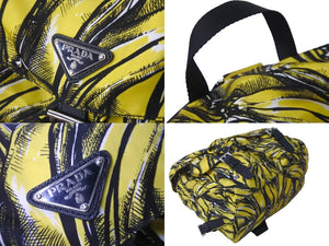 極美品 PRADA プラダ リュック デイパック ヴェラ バナナ柄 イエロー ナイロン レザー 1BZ811 中古 59560 