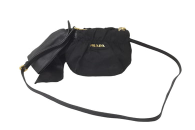 PRADA プラダ ミニショルダーバッグ サイドリボン ナイロン ブラック ゴールド金具 ロゴ BT0705 美品 中古 59625 
