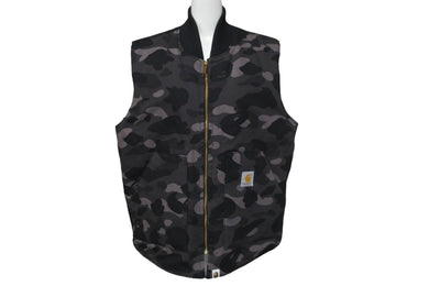 A BATHING APE アベイシングエイプ CARHARTT カーハート ダックベスト 1ST CAMO ブラック サイズL 美品 中古 59740