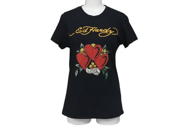 Ed Hardy エドハーディー 半袖Tシャツ サイズM タトゥーモチーフ ハート プリント ラインストーン ブラック 美品 中古 4b000598