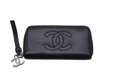 極美品 CHANEL シャネル カードケース ココマーク ワイルドステッチ 10番台 レザー ブラック シルバー金具 中古 59879