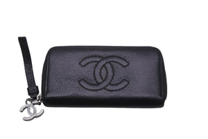 極美品 CHANEL シャネル カードケース ココマーク ワイルドステッチ 10番台 レザー ブラック シルバー金具 中古 59879