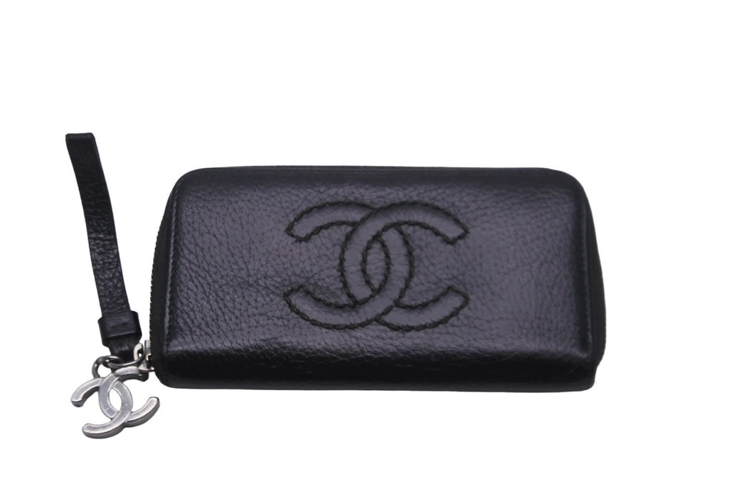 極美品 CHANEL シャネル カードケース ココマーク ワイルドステッチ 10番台 レザー ブラック シルバー金具 中古 59879