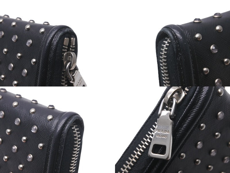 PRADA プラダ 長財布 ラウンドファスナー スタッズ ブラック