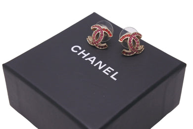 極美品 CHANEL シャネル ピアス ココマーク ラインストーン マルチカラー 赤系 A17B ピンク レッド ゴールド金具 中古 59933