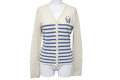 Lucien Pellat-Finet ルシアンペラフィネ カーディガン ボーダー ドクロモチーフ ブルー アイボリー カシミヤ サイズS 美品 中古 59956