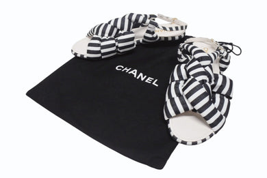 新品未使用 CHANEL シャネル サンダル ミュール サイズ40 ココマーク ストライプ柄 ホワイト ブラック ゴールド レザー 中古 4b005998
