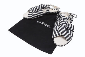 新品未使用 CHANEL シャネル サンダル ミュール サイズ40 ココマーク ストライプ柄 ホワイト ブラック ゴールド レザー 中古 4b005998