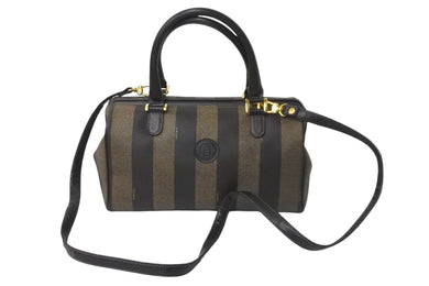 FENDI フェンディ ハンドバッグ ペカン柄 ストライプ PVC レザー ブラウン ブラック ゴールド金具 イタリア製 美品 中古 59996 