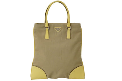 PRADA プラダ CANAPA + CINGHI ハンドバッグ イエロー ベージュ キャンバス レザー 手持ち トライアングルロゴ 良品 中古 60112