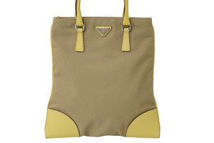 PRADA プラダ CANAPA + CINGHI ハンドバッグ イエロー ベージュ キャンバス レザー 手持ち トライアングルロゴ 良品 中古 60112