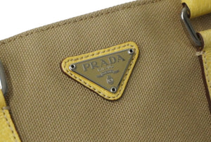 PRADA プラダ CANAPA + CINGHI ハンドバッグ イエロー ベージュ キャンバス レザー 手持ち トライアングルロゴ 良品 中古 60112