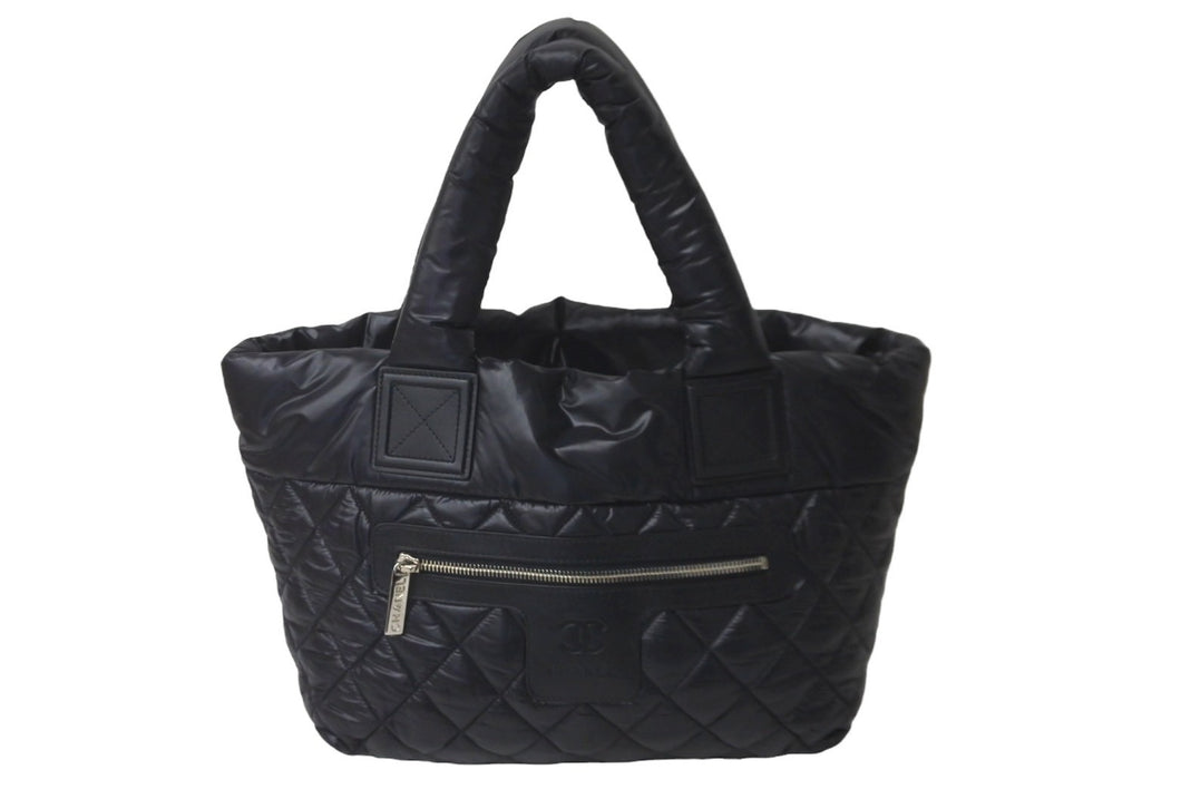 極美品 CHANEL シャネル トートバッグ コココクーン 17番台 ココマーク ブラック ナイロン レザー シルバー金具 中古 60128