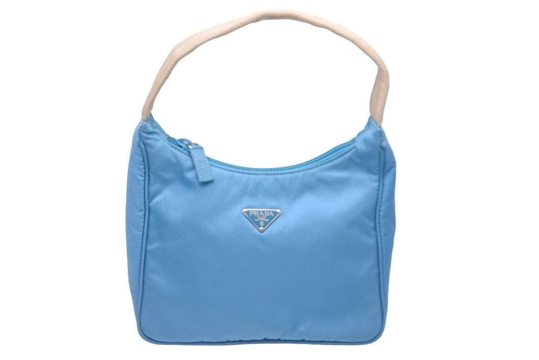 PRADA プラダ ホーボー ハンドバッグ ブルー水色 ナイロン トライアングルロゴ 鞄に入れてワンショルダー 美品 中古 60130 