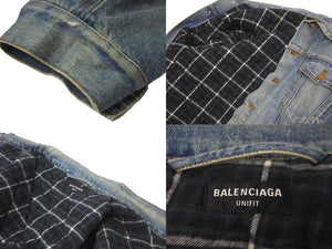 BALENCIAGA バレンシアガ 21AW ライニングチェックアシンメトリーパデットデニムジャケット デストロイ662747 サイズXS 美品 中古 60153